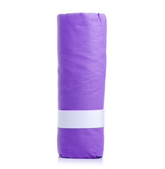 Purple folded bedsheet on white background isolation