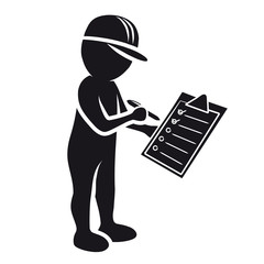 Civil engineer with checklist / Black and white, flat Design, vector, icon