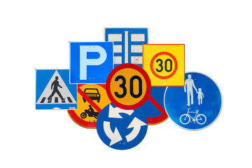 Collage of traffic road signs on white background.