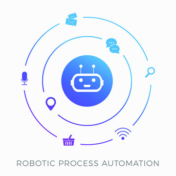 RPA - Robotic Process Automation, innovation technology vector icon concept. Training a AI robot with artificial intelligence to facilitate production processes and routine tasks. Isolated on white