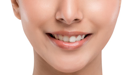 Close up the teeth problem of young attractive Caucasian woman smiling isolated on white.