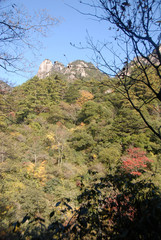 Huangshan Mountain in Anhui Province, China. View of cliffs and trees as seen from the eastern steps. Huangshan (Yellow Mountain) is famous for its rugged cliffs, soaring peaks and forested slopes.