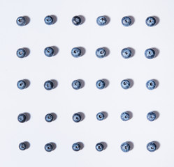 pattern of fresh blueberries is laid out on a white background