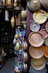 Colorful crafts shop on a traditional moroccan market, Morocco in Africa