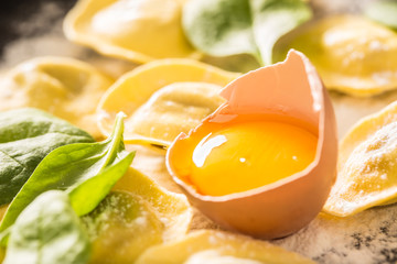 Raw ravioli with flour egg musrooms and and spinach. Italian or mediterranean healthy cuisine