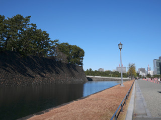 ２０２０年東京オリンピックの年の東京の風景　元日の皇居のお堀の風景