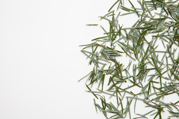 Pine needles on a white background cleaning up after Christmas holiday