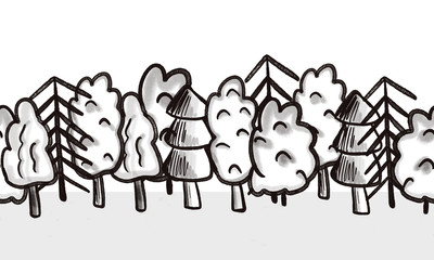 Black painted trees on white seamless border. Forest tree hand drawn silhouettes. Modern monochrome repeating nature pattern for ribbon, web banner, card, flyer, footer, divider, header