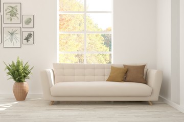Stylish room in white color with sofa and autumn landscape in window. Scandinavian interior design. 3D illustration