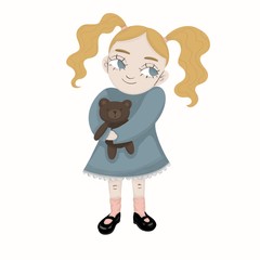 Little girl wearing blue dress holding teddybear. Kids illustration.  cute kid and her favourite toy. card or poster design