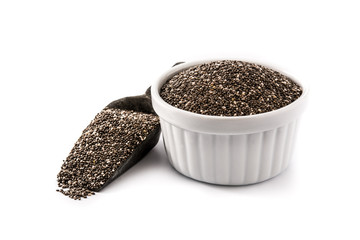 Chia seeds in a bowl isolated on white background. 