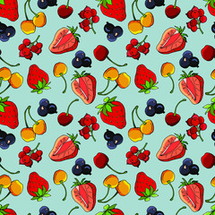 Summer berry pattern, cherry, strawberry, currant. Stock illustration.