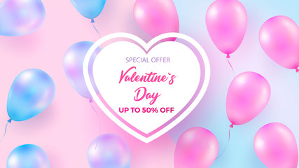 Festive background with helium balloons. Celebrate Valentine s Day, Birthday, Poster, Anniversary Banner, Sale. Vector 3d object Ballon with ribbon, pink and blue pearl color.