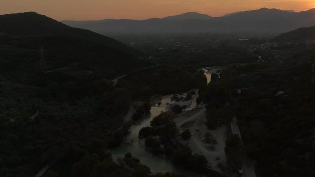 Famous Greek Acheron river valley at sunset. Aerial, drone video. In Greek mythology, one of the rivers of Hades, from which Styx sprang.