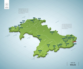 Stylized map of Wales. Isometric 3D green map with cities, borders, capital Cardiff, regions. Vector illustration. Editable layers clearly labeled. English language.