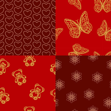 Seamless bright structures. Golden figures of flowers and hearts, butterflies and bears on a red background. Patterns for printing on fabrics and paper.