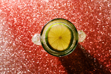 Glasses of drinks on sparkling background. Holiday party, celebration concept. Free space for text....