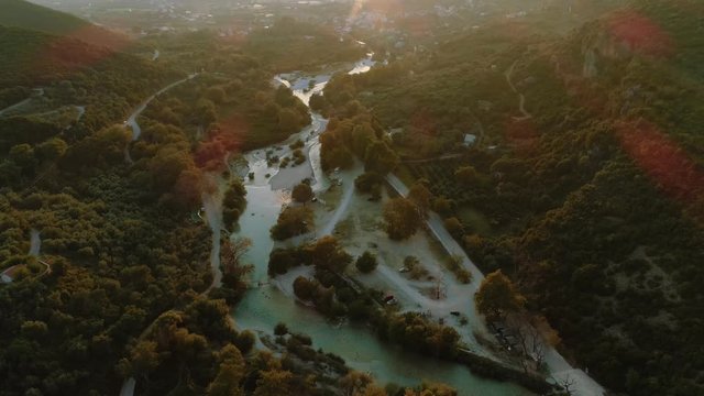 Famous Greek Acheron river valley at sunset. Aerial, drone video. In Greek mythology, one of the rivers of Hades, from which Styx sprang.