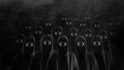 Masked hackers army. Dangerous hooded group of hackers. Internet, cyber crime, cyber attack, system breaking and malware concept. Dark face. Anonymous. Black and white photo.