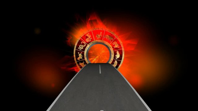 A 3d animated 4k design of a moving road coming from a spinning calendar  wheel of twelve Chinese zodiac animals on a dark fiery background.