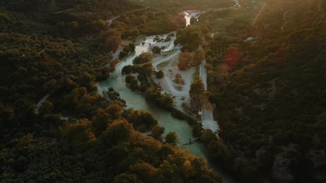 Famous Greek Acheron river valley at sunset. Aerial, drone video. In Greek mythology, one of the rivers of Hades, from which Styx sprang.