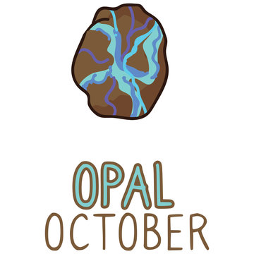 Birth Stone for October Clip Art. Opal Crystal Mystic Order Precious Rock for Birthday date. Blue Treasure.Illustration Doodle in Flat Color. isolated Typography Vector EPS 10. 
