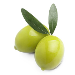 Close-up of delcious ripe olives with pair of leaves, isolated on white background
