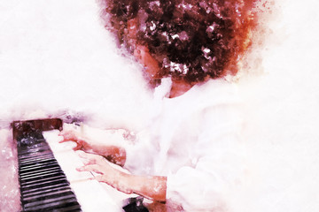 Fototapeta premium Abstract beautiful hand playing keyboard of the piano foreground Watercolor painting background and Digital illustration brush to art.