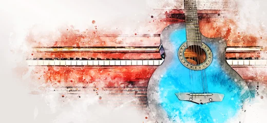 Fototapeten Abstrakte bunte Gitarren- und Klaviertastatur auf Aquarellillustrations-Malereihintergrund. © Watercolor_Concept