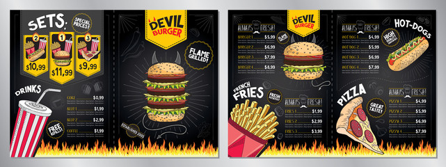 Devil burger - restaurant menu card/ template - (burgers, french fries, hot-dogs, pizza, drinks, sets) - 2 x A4 (210x297 mm) - obrazy, fototapety, plakaty
