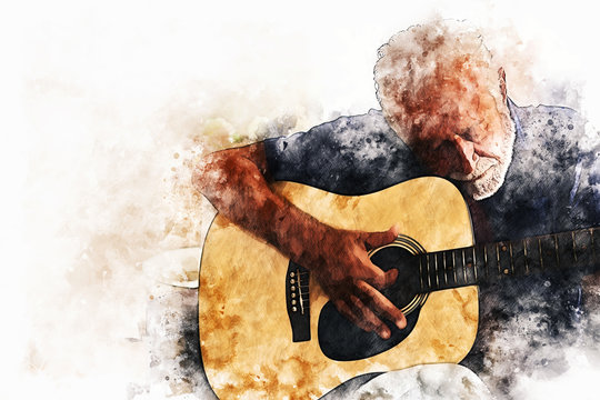 Abstract senior man playing acoustic Guitar in the foreground on Watercolor painting background and Digital illustration brush to art.