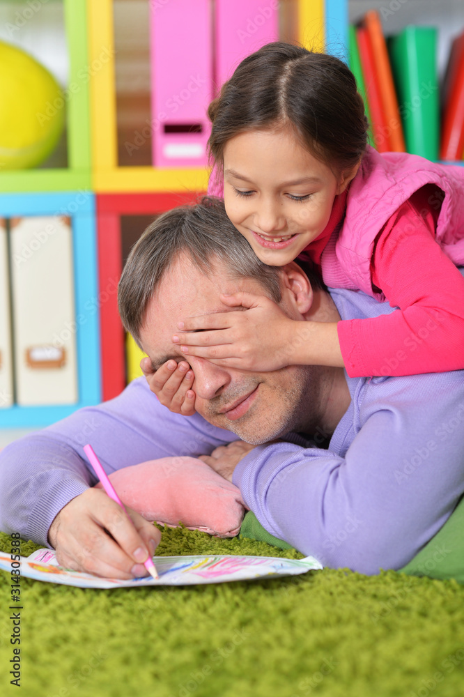 Sticker portrait of happy father and his cute daughter