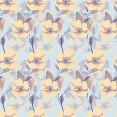Abstract hand-drawn flowers and leaves on a pastel blue background.Pattern for fabric,invitations, wrapping paper, cards and other materials. Elegant botanical ornament.
