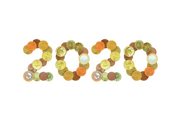 New year concept. 2020 inscription made from euro coins, isolated on white background. Money concept