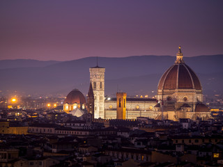 Fototapeta na wymiar Florence, Italy, cityscape with illuminated cathedral, duomo by night. Aka Basilica di Santa Croce. January 2020.
