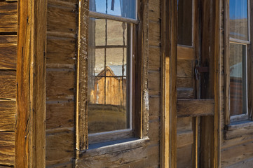 Detail of windows and wall from a building in the ghost town of Bodie, California, Bodie State Historic Park, USA