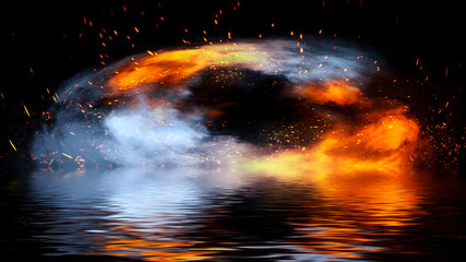 Fototapeta na wymiar Fire embers particles texture overlays . Burn effect on isolated black background on reflection with water. Stock illustration.