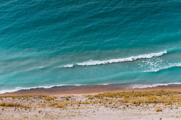 View of Lake Michigan from the top of a dune at Sleeping Bear National Seashore in Michigan.