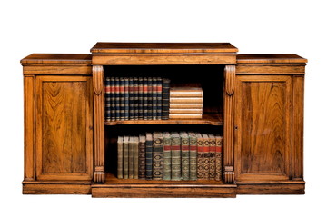 fine low bookcase with cupboards made of mahogany wood isloated on white background