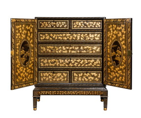 Vintage highly decorated Oriental Lacquered Cabinet isolated on white