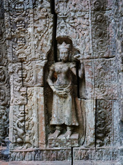 Stone rock carving art at Ta Som temple in Angkor Wat complex, Siem Reap Cambodia.