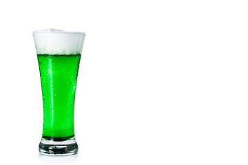 Traditional St Patrick's Day green beer isolated on white background. Copy space