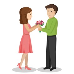 Guy gives his girlfriend flowers. Vector Illustration