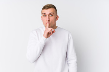 Young caucasian man on white background keeping a secret or asking for silence.