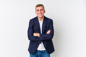 Young business caucasian man laughing and having fun. - obrazy, fototapety, plakaty