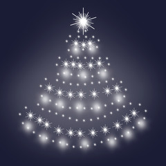 postcard illustration-Christmas tree shines with white light on a blue background