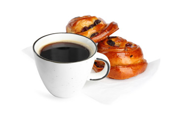 Delicious pastries and coffee on white background