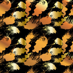 Ink golden blots abstract seamless pattern on a black background. Hand drawn vector illustration.