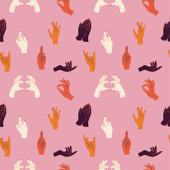 Vector design template icons emblems - ethnic human hands in in different gestures. Seamless pattern.