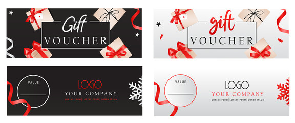 Set of luxury gift vouchers templates with bows, gift boxes and place for text and logo. Elegant template for holiday gift card, coupon and certificate. Flat style. Vector illustration